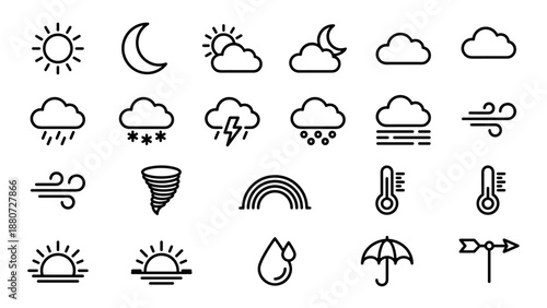 Weather forecast icons set. Thin line stroke symbols. Sun moon cloud rain snow lightning wind. Meteorology collection. Linear outline design. App ui interface. Simple minimalist.