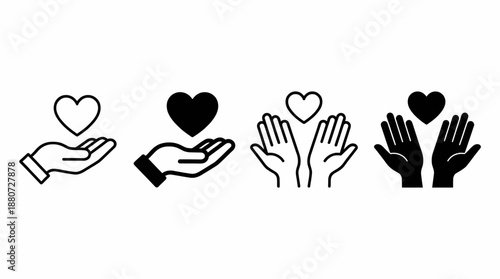 Hand Holding Heart Vector Icons – Care and Love Symbol Set, Minimalist Line and Solid Clipart for Support, Protection, Charity, and Emotional Connection Designs