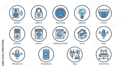 Smart home automation icons set. Internet of things symbols. Security camera lock thermostat lighting. Digital house control system interface. Wireless electronic devices vector.