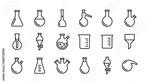 Science laboratory glassware icons set. Chemical equipment collection minimalist line art. Chemistry beaker flask test tube symbols. Research experiment. Medical pharmacy vector.