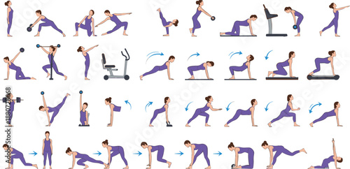Yoga workout poses sequence vector set with woman performing fitness