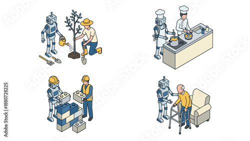 Isometric robot set assisting humans. AI technology automation. Gardening cooking construction elderly care. Smart machine helper. Artificial intelligence bot worker vector graphic.