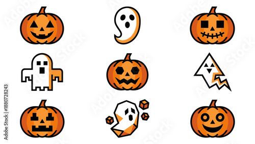 Halloween vector icons set. Geometric pumpkins and ghosts. Orange Jack-o'-lantern symbols. Spooky flat design for autumn holiday. Cute scary characters. Clean geometric style.