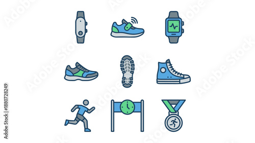Fitness icons set. Smartwatch, running shoes. Sport medal and finish line. Gym workout. Cardio training gear. Health tracker. Jogging sneaker. Athlete lifestyle. Wearable tech. Race.