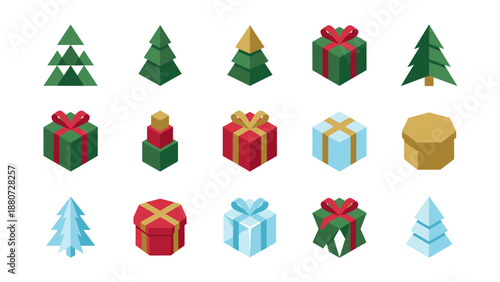 Isometric Christmas icons set. Geometric 3D vector trees and gift boxes. Low poly holiday symbols. Winter season presents. Flat festive design elements. Modern colorful minimalism.