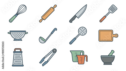 Kitchen utensil icons set. Cooking tools vector collection. Culinary equipment symbols. Food preparation instruments. Chef gadgets. Geometric flat style. Restaurant essentials.