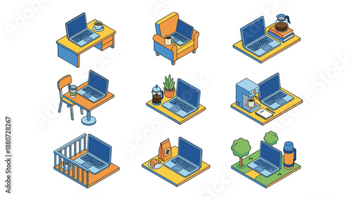 Isometric remote work icons set. Laptop and coffee workspaces. Work from home, freelance, digital nomad lifestyle. Desk, cafe, armchair, balcony. Telecommuting business technology.