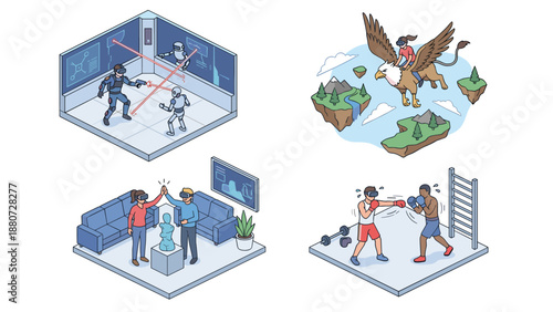 Isometric VR gaming set. Virtual reality scenes. Sci-fi robot battle. Fantasy flight. Social team. Boxing sports. Metaverse headset. Digital technology entertainment vector