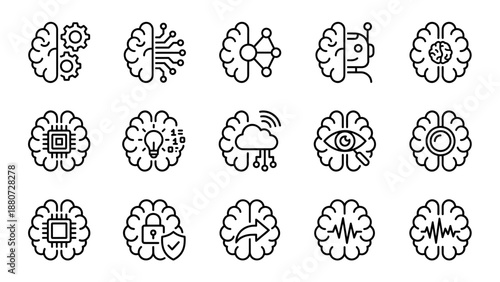 Artificial intelligence brain icons. Vector line art symbols digital mind technology. Machine learning circuit head. Science data neural network robotics intellect. Innovation.