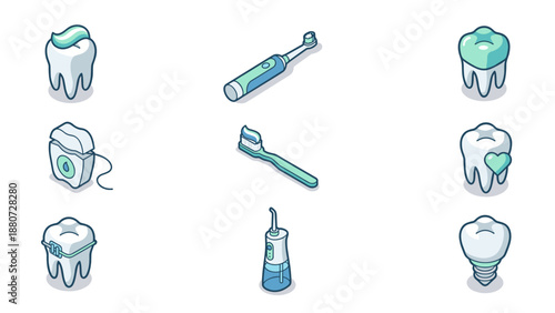 Isometric dental icons set. 3D vector stomatology symbols. Oral hygiene kit. Toothbrush, toothpaste, floss, implant, braces. Dentistry concept. Medical healthcare. Orthodontic items.