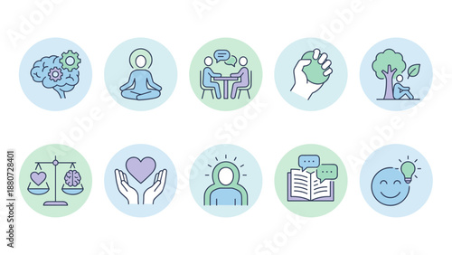 Mental health icons set. Psychology wellness vector symbols. Brain, meditation, therapy, mindfulness, emotional balance, stress relief. Self-care, counseling, psychiatry, well-being.