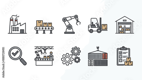 Manufacturing industry icons set. Factory conveyor belt. Industrial robot automation. Forklift warehouse. Quality control. Logistics supply chain. Gears machinery. Inventory icon.