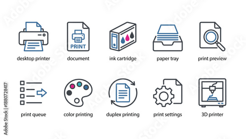 Printing icons set. Vector line symbols. Office equipment. Desktop printer. Ink cartridge. Paper tray. Preview. Queue. Color palette. Duplex. Settings gear. 3D technology design.