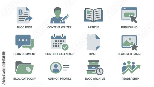 Blogging and content creation icons set. Digital marketing symbols. Web publishing elements. Writer tools. Blog post, article, comment. Vector collection. Copywriting, journalism, seo.
