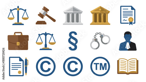 Law and legal icons set. Scales of justice. Judge gavel. Courthouse building. Legal document. Lawyer briefcase. Paragraph symbol. Jurisprudence. Attorney equipment. Courtroom signs.