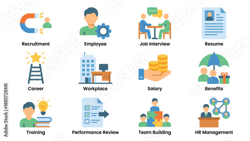 Human resources icons set. HR management symbols. Recruitment employment vector. Job interview resume career. Workplace personnel. Business hiring salary. Staff training benefits.