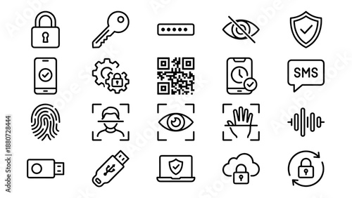 Password and authentication vector icons. Biometric security symbols. MFA cybersecurity lock key fingerprint. Digital protection. Identity verification. Thin line stroke style graphic.
