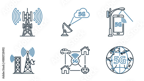 5G network icons set. Wireless internet symbols. Telecommunication tower, satellite, smart city, IoT devices. Minimalist line art vector for web interface. Digital communication.