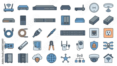 Networking equipment icons. Vector set. Flat filled style. Router, switch, server, modem, wifi. Data center, internet, firewall. IT infrastructure. Technology. Digital communication.