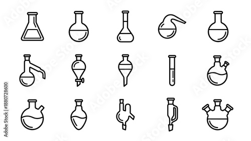 Science laboratory flask icons set. Chemistry glassware vector collection. Chemical experiment equipment. Medical research beaker symbols. Biology test tube. Minimalist line art.