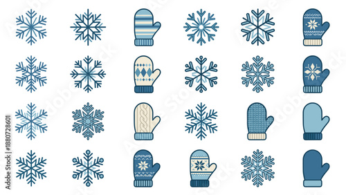 Winter icons set. Vector snowflakes and mittens collection. Knitted gloves and geometric snow crystals. Cold weather clothing. Christmas holiday decoration. Frost and ice symbols.