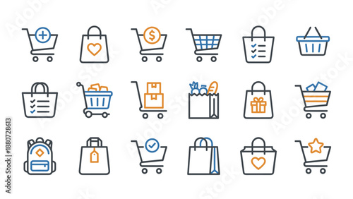 E-commerce shopping icons set. Vector retail symbols. Linear cart and bag illustrations. Modern outline design for web interface. Online store elements. Purchase, sale, market sign.