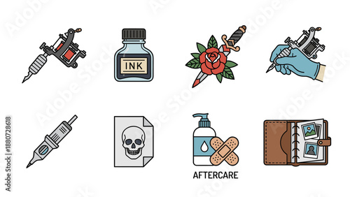 Tattoo studio icons collection. Professional tools. Machine gun, ink bottle, artist hand, needle, skull flash, rose dagger, aftercare, portfolio. Vector art shop design symbols.