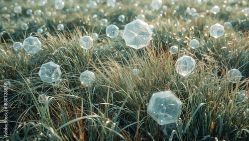 Morning Dew Covers Grass in a Field During Early Daylight Hours in a Rural Area