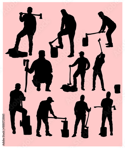 Lumberjack Silhouette Set Chopping Wood with Axe, Woodcutter Work Vector Illustration.