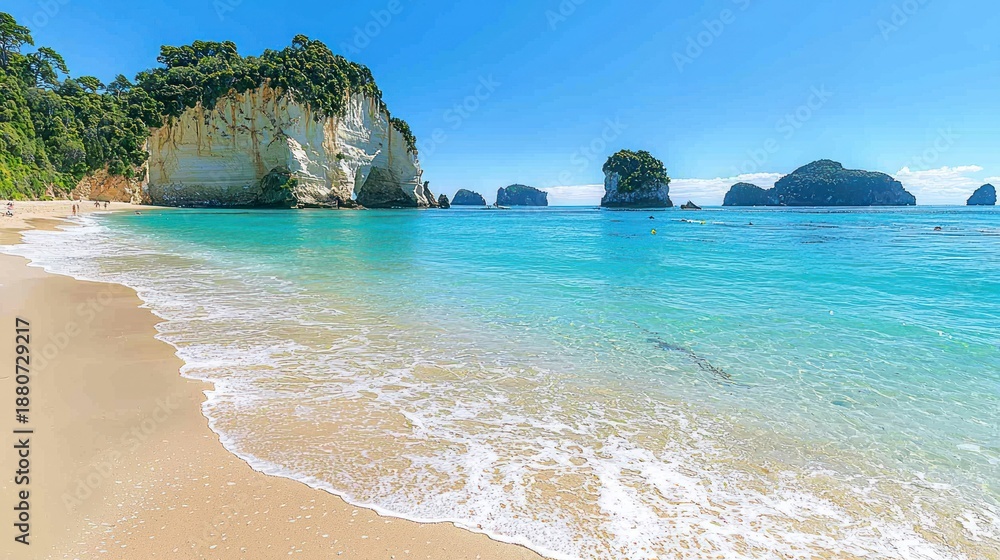 Obraz premium Scenic beach, turquoise water, limestone formations, sunny day, travel postcard