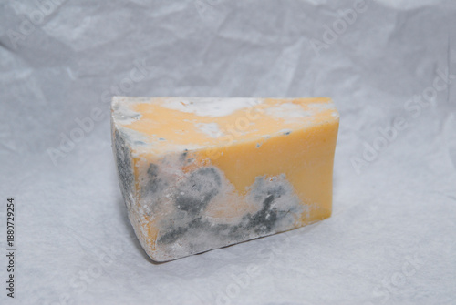 Fotografie Spoiled cheese surface with visible mold patches, still life highlights organic decay, food waste problem and danger of consuming expired dairy products