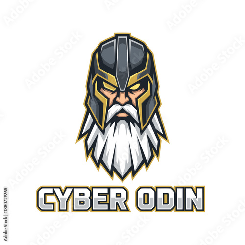 Norse god warrior mascot wearing high-tech futuristic helmet for gaming team or e-sports branding titled Cyber Odin mascot logo.
