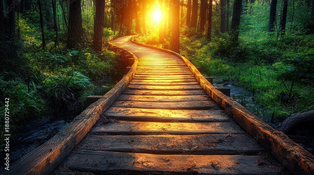 Obraz premium Sunlit wooden path through forest, nature walk