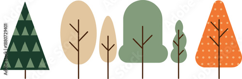 Minimalist forest trees illustration in soft earthy tones, cute Scandinavian style woodland elements for kids decor, patterns, prints, and nature designs