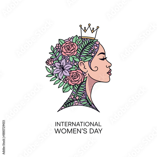 Woman with flowers in hair wears crown on International Women's Day celebration