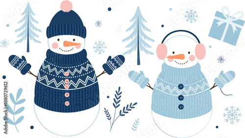 Cute winter snowman illustration set with cozy sweaters hats and mittens, adorable holiday characters collection for kids nursery decor and festive flat vector designs