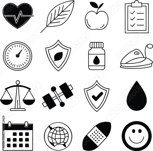 health and wellness icon set with 15 icons heart set of icons