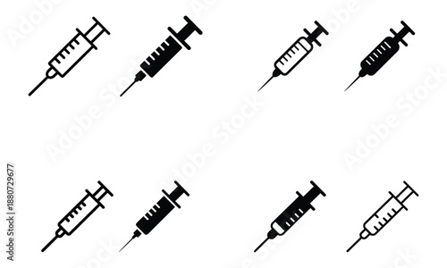 Medical syringe injection icon set in black and white
