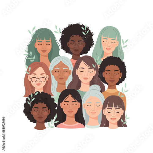 Diverse group of women with closed eyes and leaves in hair standing together.