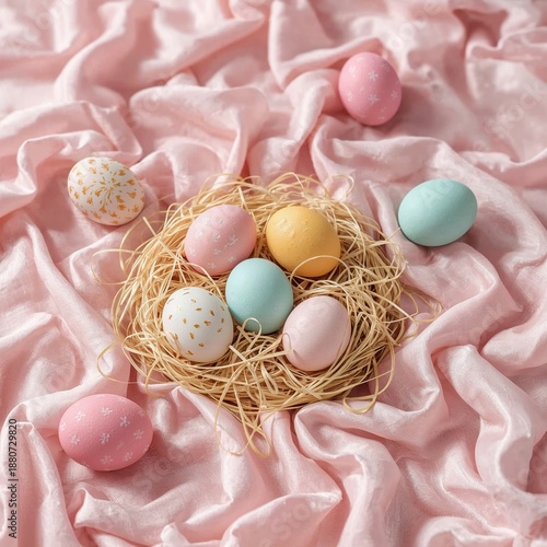 Colorful Eggs in a Basket Surrounded by Spring Flowers on Soft Fabric