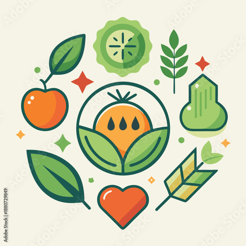 Organic farming and eco agriculture illustration with fruits leaves and icons