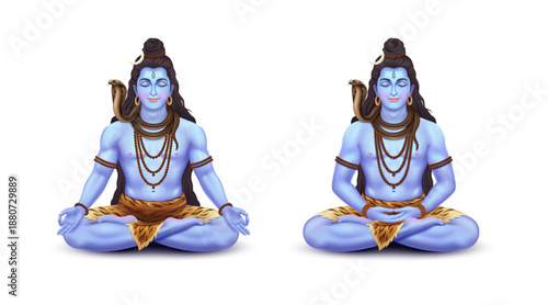 Isolated Lord Shiva Meditation Illustration Set with Two Poses on White Background