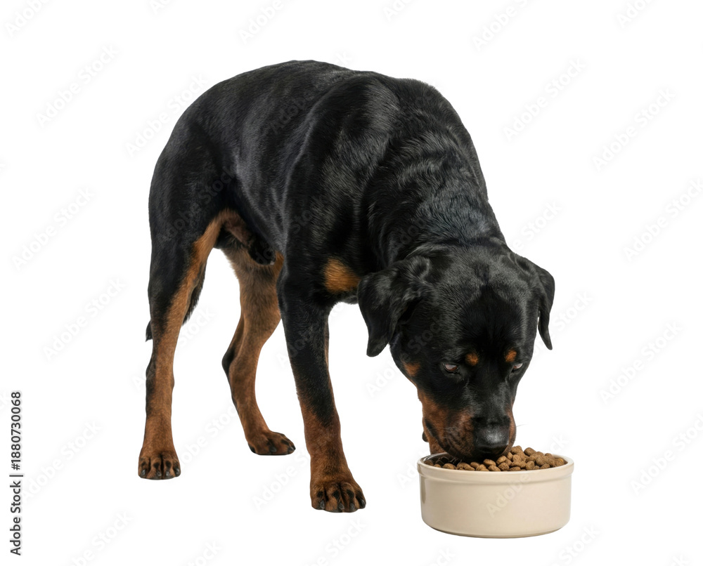 Fototapeta premium Black and Tan Rottweiler Dog Eating Dry Food from Beige Bowl on White Background