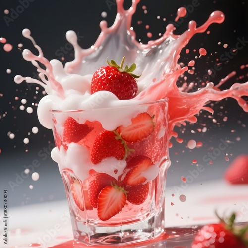4k high quality Ai generative HD photo realistic background wallpaper food splash explode strawberry water fruit refreshing cool cold cut milk natural boom drops table beach drink menu falling flying