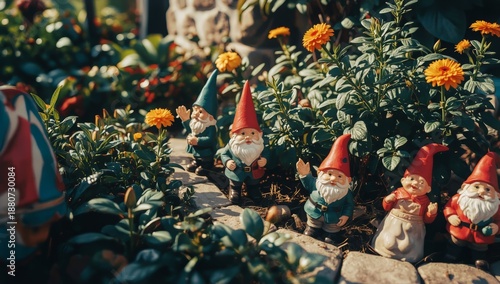 Garden Gnomes Stand Among Green Plants and Colorful Flowers in a Sunny Outdoo...