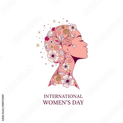 Illustration of a serene woman's profile adorned with floral patterns celebrating International Women's Day