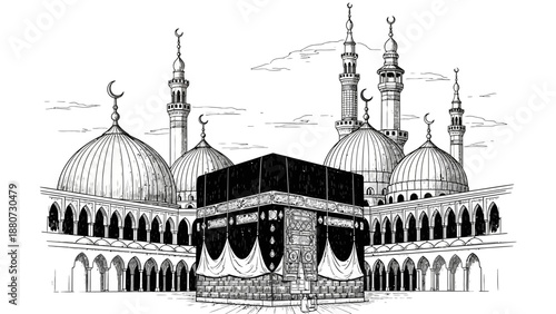 Kaaba and Masjid al-Haram Silhouette Vector – Black and White Islamic Architecture Featuring Crescent-Topped Domes and Minarets for Hajj, Worship, Spiritual Design, and Religious Education