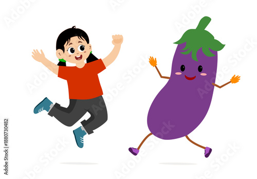 little girl with cute eggplant character
