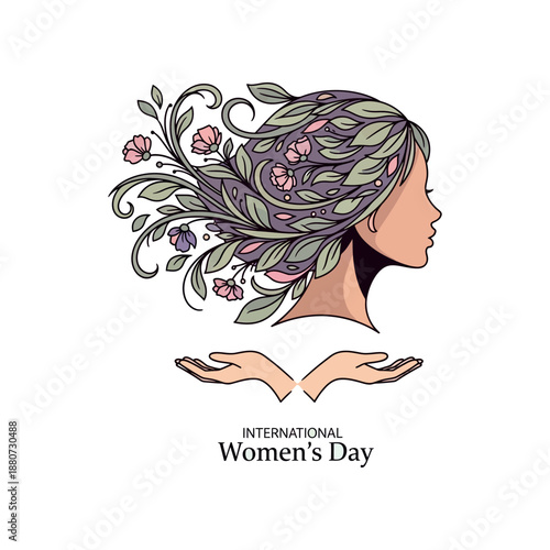 International Women's Day illustration of woman with floral hair and outstretched hands