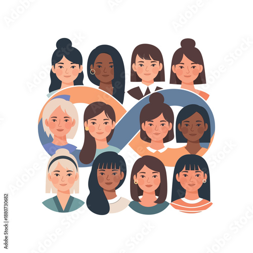 Diverse group of women from different backgrounds and ages form a connected community with smiles